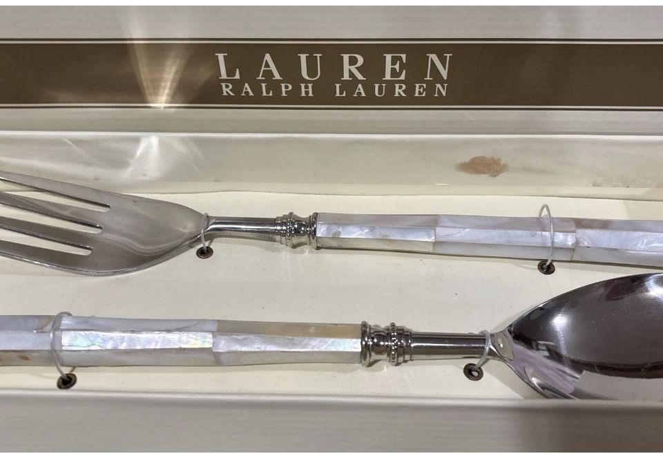 Vintage NOS *RALPH LAUREN Salad SERVERS SET Spoon Fork PEARL As-Is NEW BOX