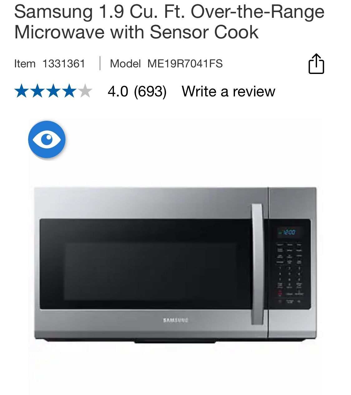 (New) Samsung 1.9 Cu. Ft. Over-the-Range Microwave with Sensor Cook