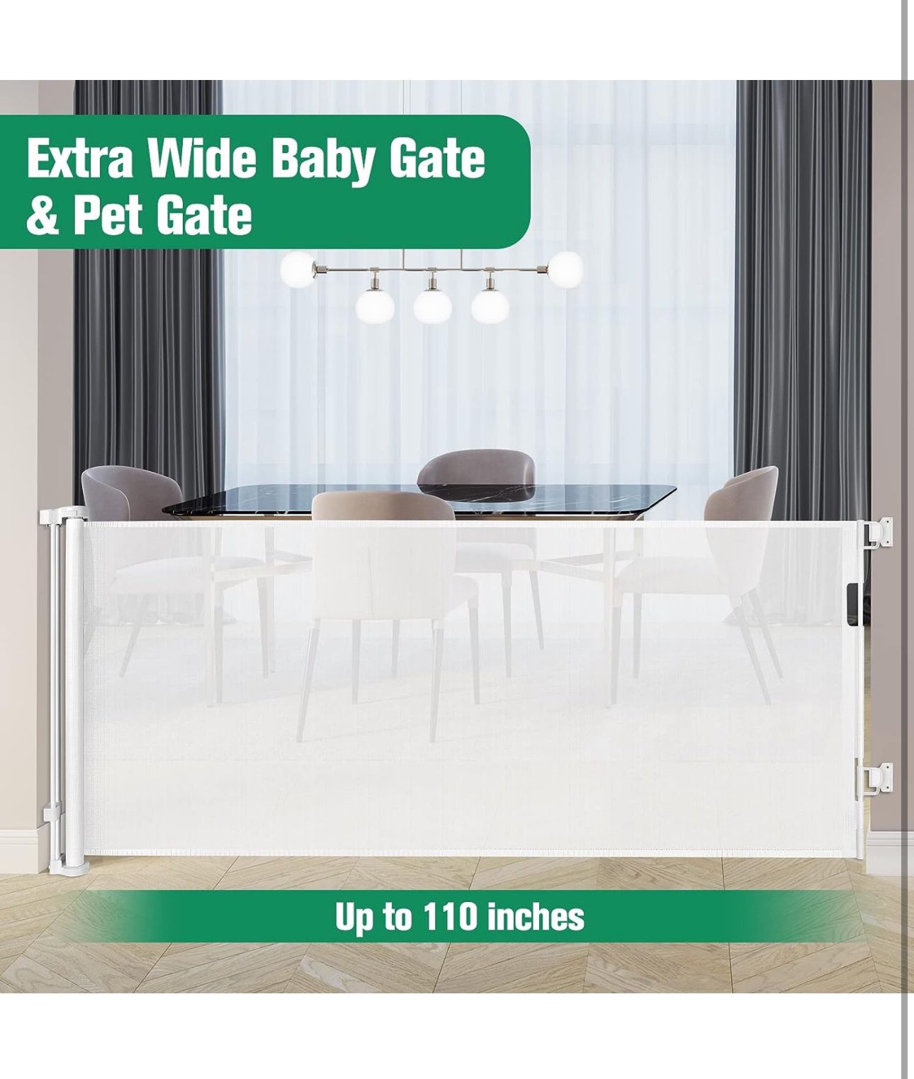 Mom's Choice Awards Winner - 110 Inch Extra Wide Baby Gate for Large Openings Retractable Baby Gates Indoor Outdoor Extra Long Baby Gate for Doorway 