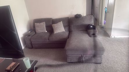 Gray pull out couch with storage Bin