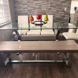 Modern Glass Dining Table Set w/ Bench - Seats 6-8 - Excellent Condition (OBO)