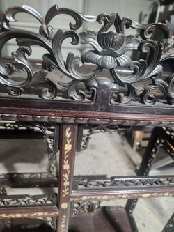Chinese hardwood etagere with pierced carved trim, 19th century damaged
