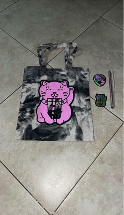 Tie Dye Cat Drinking Boba Tote Bag with Stickers and Metal Straw