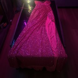 Sequined V Neck Hot Pink Dress