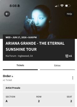 Ariana Grande Forum 1x Floor Ticket 2nd Row Wed Jun 17