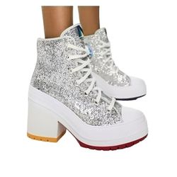👢🌈CONVERSE Heel Boots Sz 11 Women CHUCK 70 DE LUXE A06028C Platform Silver Glam
