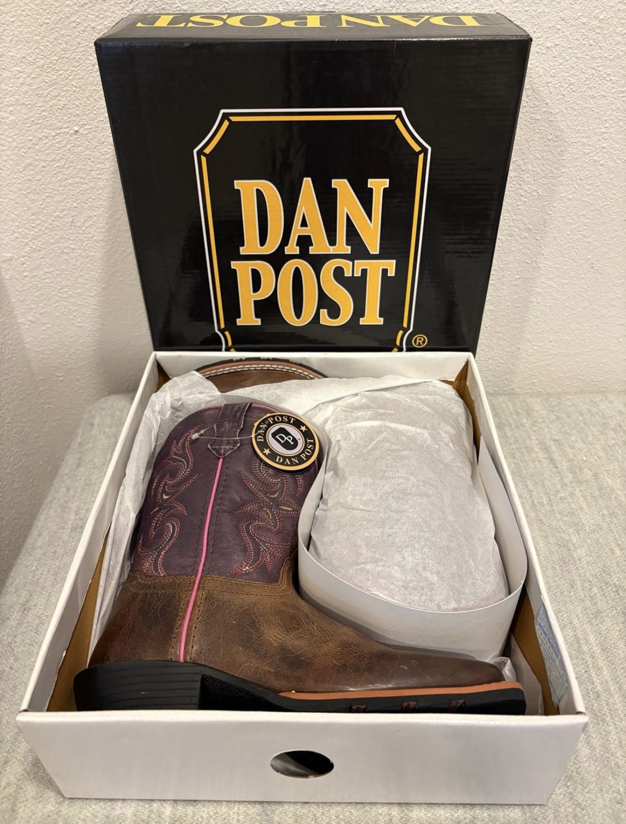 Brand New Kids Girls Dan Post Genuine Leather Country Cowgirl Boots Brown Purple Pink size 2.5