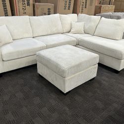 Beige Cream Sectional w/ Storage Ottoman 
