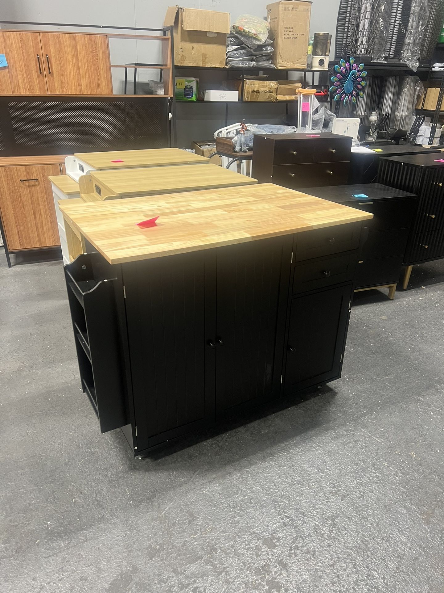 Kitchen Island with Storage, Black Rolling Kitchen Island on Wheels with Drop-Leaf Bar Countertop, Island Table for Kitchen with Side Open Spice Rack