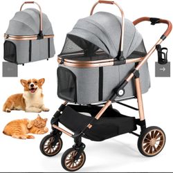 Foldable 4 Wheels Pet Stroller for Small/Medium Dogs Cats up to 55lbs, 3-in-1 Dog Stroller, Detachable Carrier and One-Click Folding Design, Travel Pu