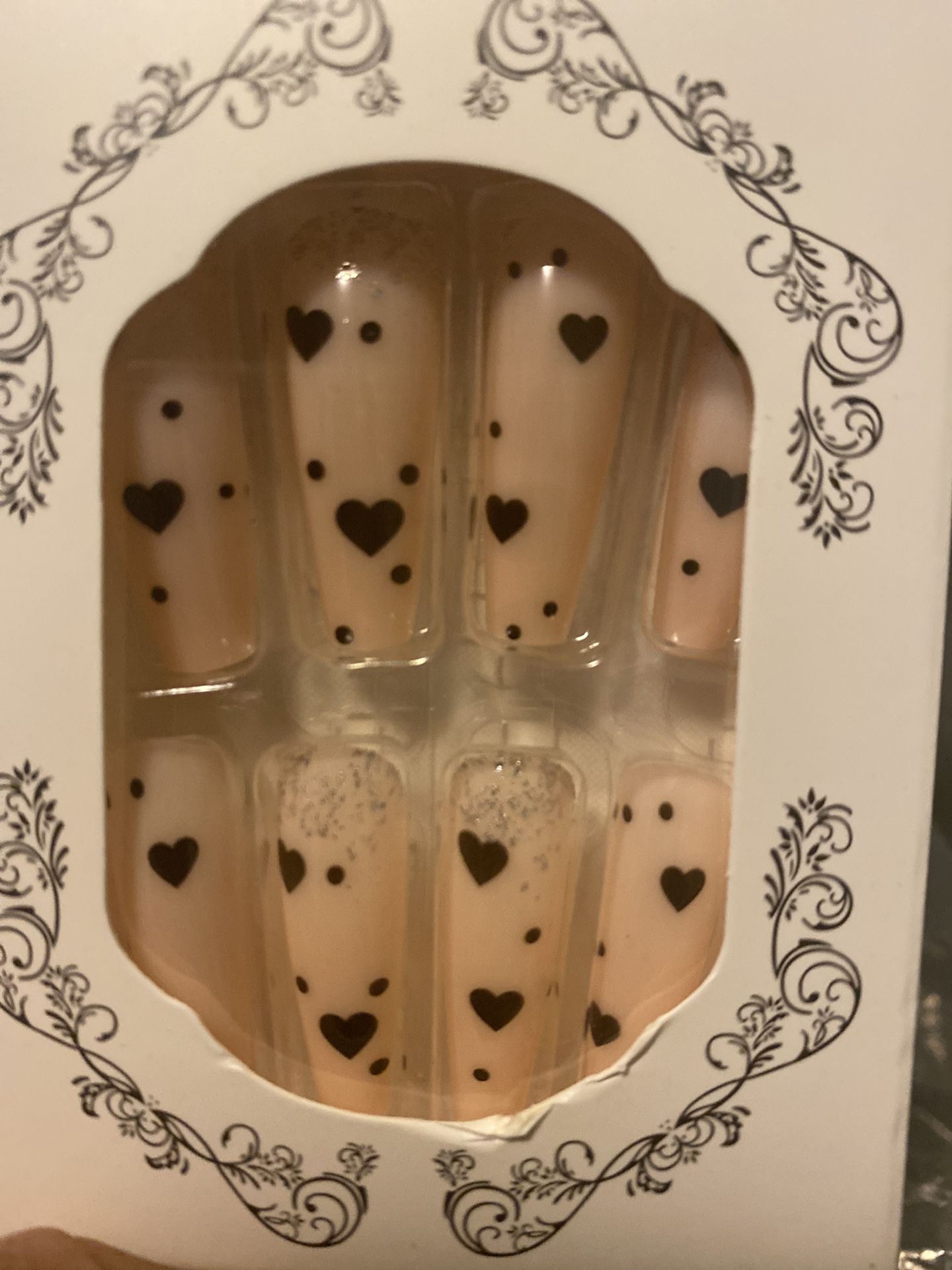10 Pack Pink Hearts Long Coffin Shaped Press On Nails