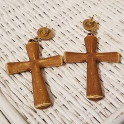 NWT Boho Bamboo Wood Cross Dangling Earings
