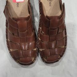 Duck Head Mules Wedge Sandals Womens 7 Woven Leather Brown Comfort Shoes Boho