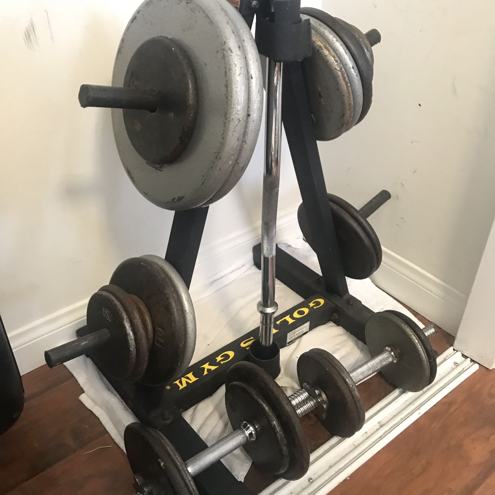 Weight Rack with Weights, Bars, and Exercise Ball