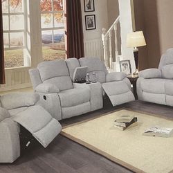 Grey Microfiber Fully Reclining Three Piece Couch Set