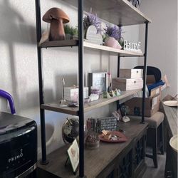 Brown Wood Black Steel Shelves w/ Cabinets