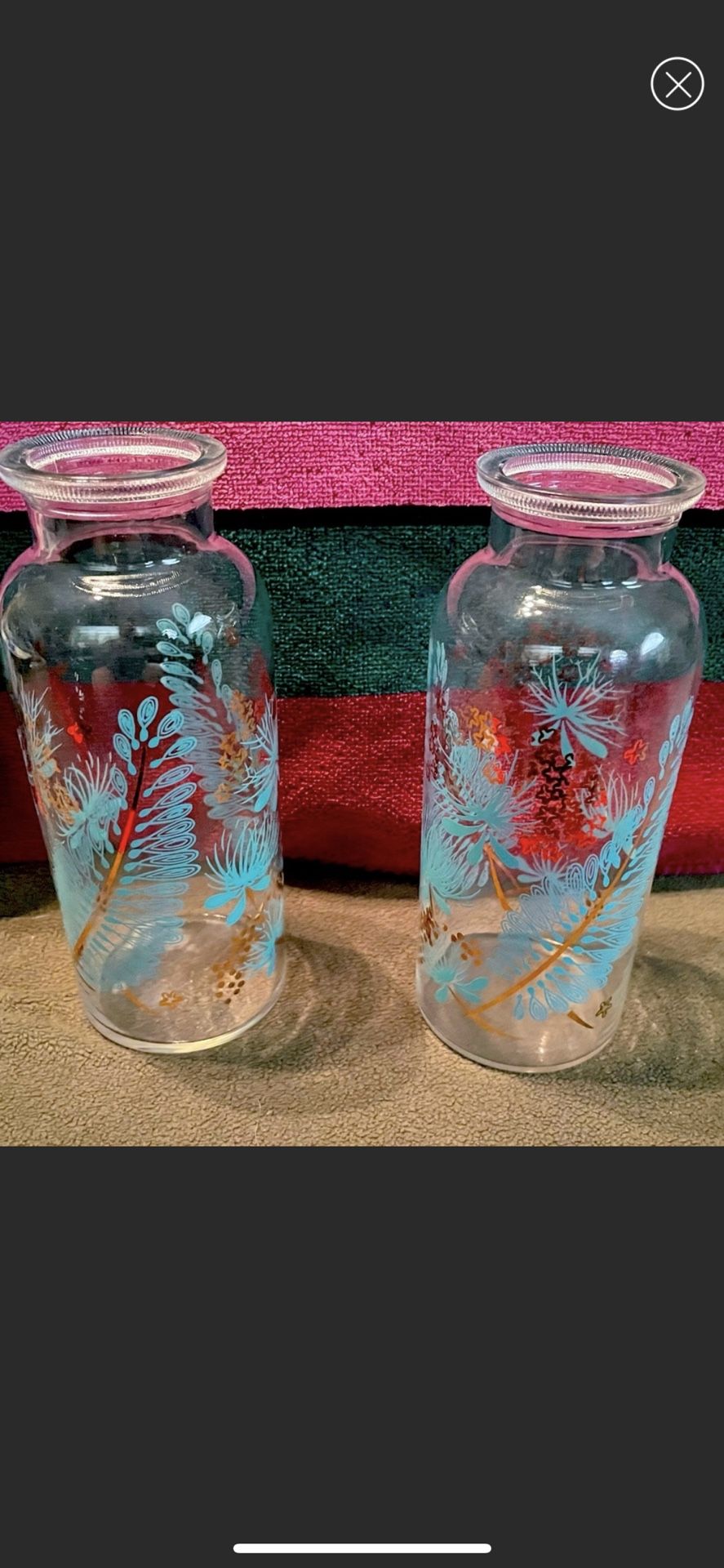 MCM Pair of Mid Century Apothecary Clear Bottles with Turquoise and Gold