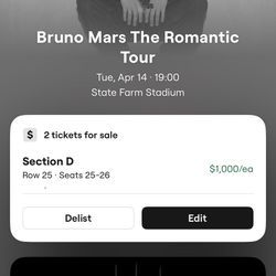 Bruno Mars Floor Tickets For Tuesday