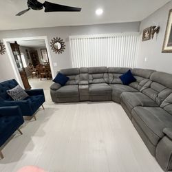 Gray Sectional And 2 Navy Blue Accent Chairs 