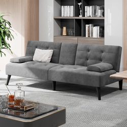 New Modern Futon Sofa Bed, Velvet Foldable Couch Reclining Sleeper w/Removable Armrests, Upholstered Loveseat w/Folding Cup Holders for Home, Office, 