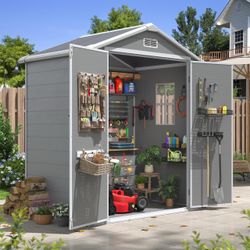 6x4 FT Outdoor Storage Shed, Plastic Garden Resin Shed with Floor and Window for Patio, Lawn, Outdoor Storage with Lockable Door for Bike, Tools, Garb