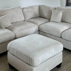 Corduroy Beige Ottoman Sectional Couch