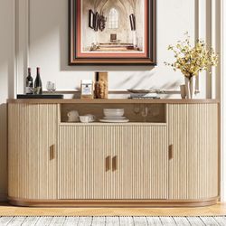 63" Sideboard Buffet Cabinet with Storage, Modern Fluted Accent Credenza with Sliding Doors, Drawers and Adjustable Shelves, Wood Coffee Bar Console T