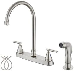 2 Handle Kitchen Faucets Deck Mounted 3 Hole 8 Inch RV Kitchen Sink Faucet High Arc 360° Rotating Spout Mixer Tap, Brushed Nickel, with Side Sprayer