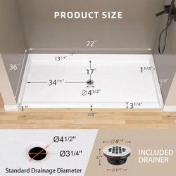 ADA7236C 72 in. L x 36 in. W White Alcove Shower Pan Base Acrylic Rectangular ADA Shower Tray
