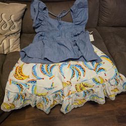 Chambray & Banana Print Ruffle skirt