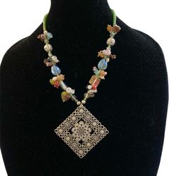 New ❤️ Artisan Natural Stone & Glass Beads With Silver Pendant Necklace