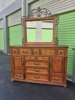 Wood Dresser with Mirror and Ornate Metal Frame