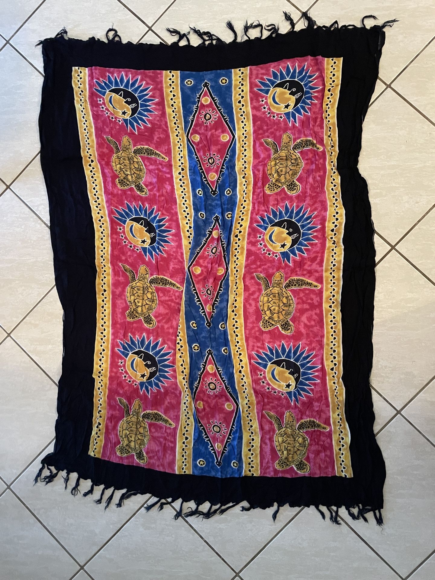 Colorful Turtle Print Sarong/shawl/ Scarf Tropical With Fringe/tassel 40x51