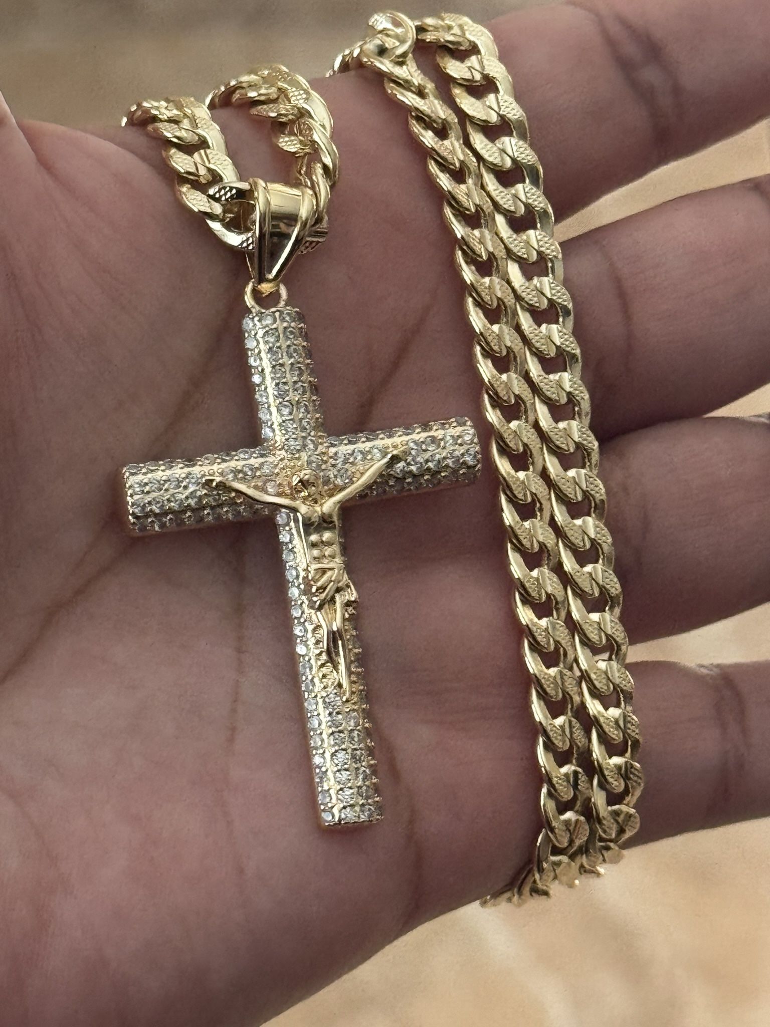 Big Jesus On Cross With Stones Gold Plated 24 Inch Cuban Necklace