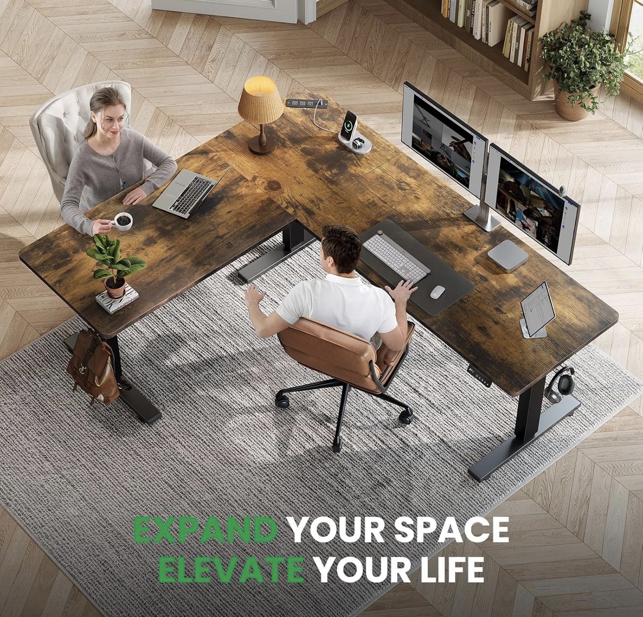 L-Shaped Standing Desk - 63 x 55 Inch Adjustable Corner Standing Desk with Charging Station