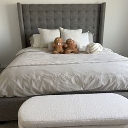 King Upholstered Bed Frame – Gray Fabric – Excellent Condition