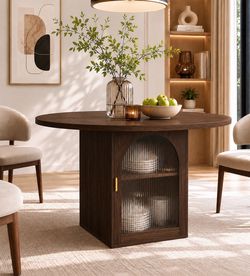 New 47.2 Inch Round Dining Table with Storage, Walnut Pedestal Round Kitchen and Dining Room Table for 4–6, Ribbed Glass Doors, Space-Saving Circle Ta