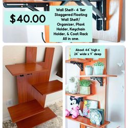 Used Wall Shelf- 4 Tier Staggered Floating Wall Shelf/Organizer, Plant Holder, Keychain Holder, & Coat Rack All in one. Wall Décor & Organizer. Premiu
