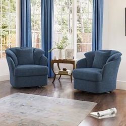 2 Pcs Set Of Oversized Blue Upholstered Fabric Swivel Accent Chair with Double Cushion Swivel Arm Chair