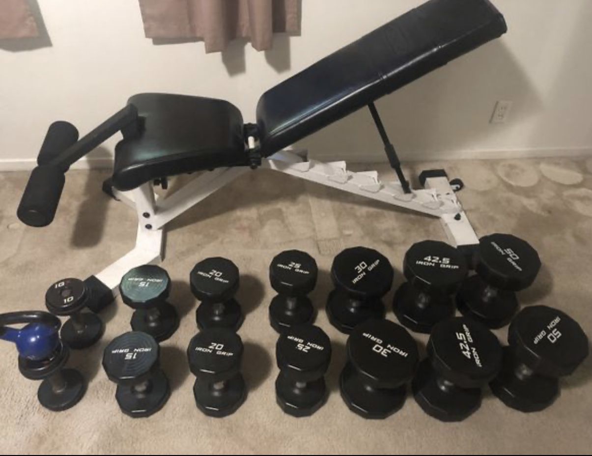 ---$3.50..LB--- IRON GRIP DUMBBELLS AND NAUTILUS BENCH HEAVY DUTY
