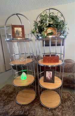 Vintage Mid Century Chrome/Wood Dome Étagère Shelves--Pair