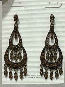 NEW Vintage 2002 Victorian Collection Chandelier Earrings Antique Bronze Amber Stone
