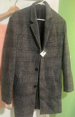 H&M Men's Gray/Black Plaid Wool Overcoat Lined Pockets Mid-Length 42R new