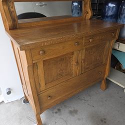 Vintage Wood Buffet Sideboard w/ Mirror