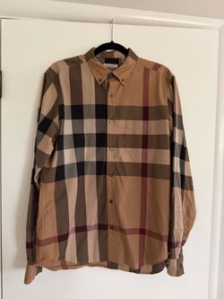 Burberry Check Plaid Long Sleeve Button Up Shirt Men’s Large Tan Brown Burgundy