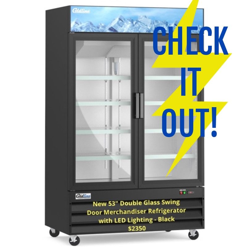 53" Double Glass Swing Door Merchandiser Refrigerator with LED Lighting - Black