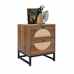 NEW Caned Rattan 2 Drawer Storage Stand Accent Table Modern Mcm Boho Bohemian Furniture 
