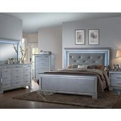 Brand new grey LED queen bedframe, dresser, mirror, nightstand