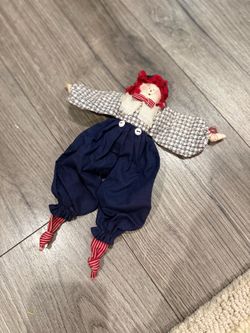 Handcrafted Cloth Rag Doll Red Yarn Hair Blue Pants Checked Shirt 10 Inch
