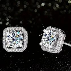 Exquisite Cushion Cut Halo 14K White Gold-Plated Cubic Zirconia 10mm Men Women Stud Earrings 